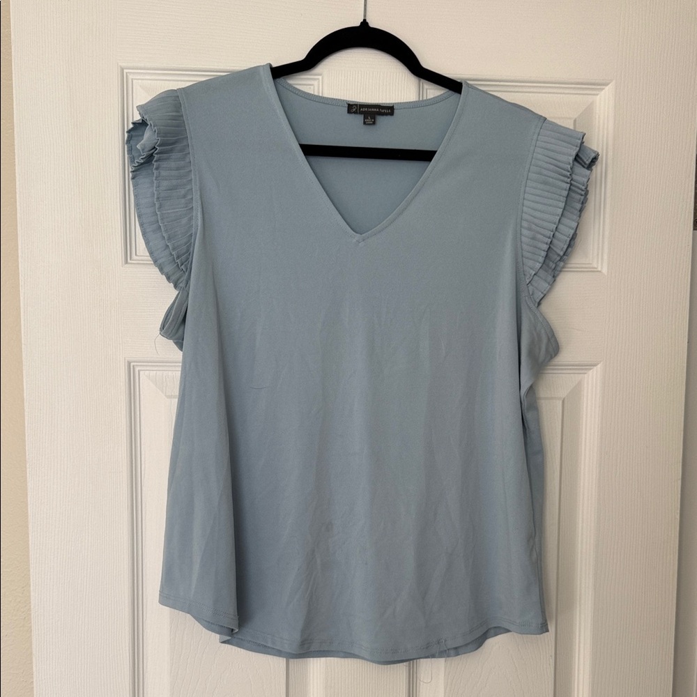 Adrianna Papell Light Blue V-Neck Blouse with Pleated Cap Sleeves